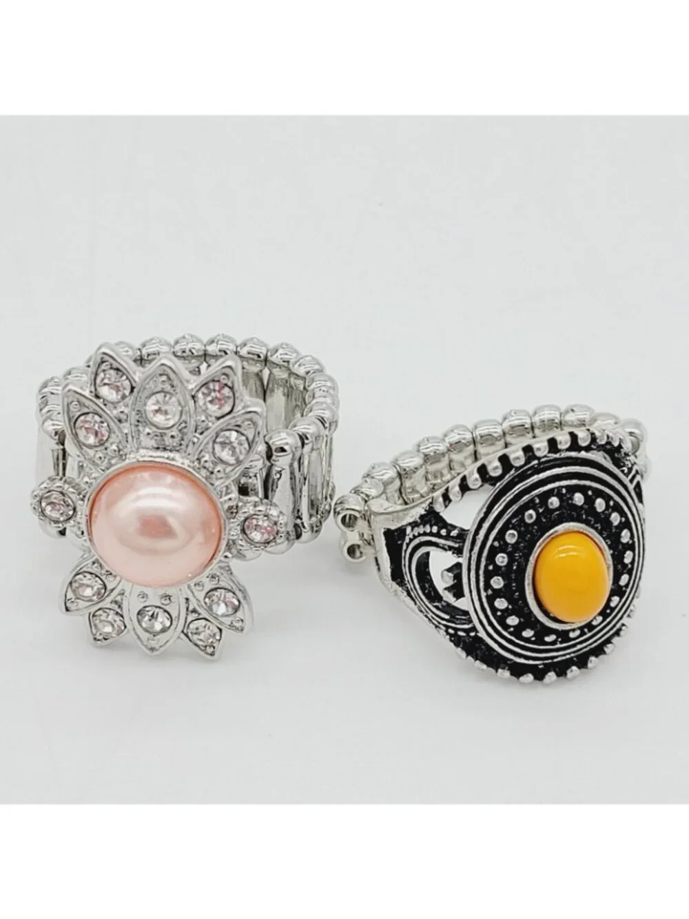 Lot Of 2 Stretch Rings New Without Tags Silver Tone Faux Pearl & Orange Cabochon